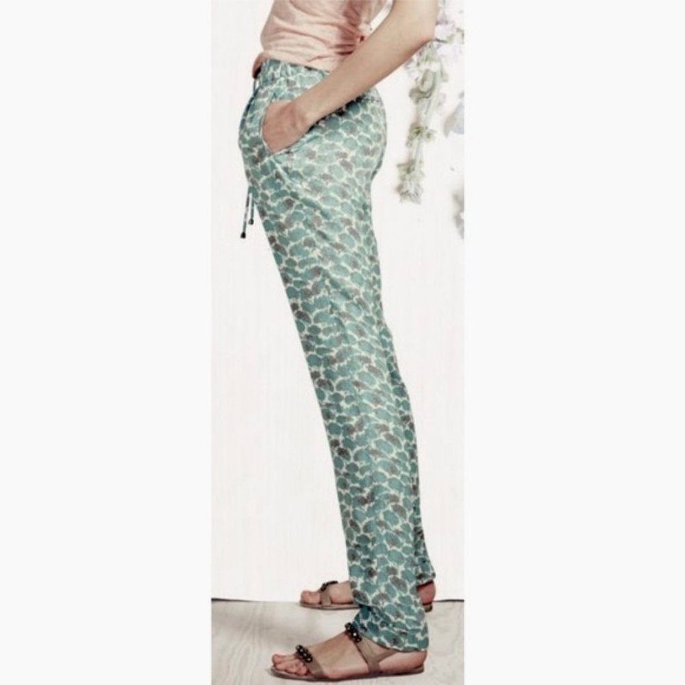 Boden Satin Trouser Dress Pants Size 6L 6 Long Teal Blue Cream Tree Print